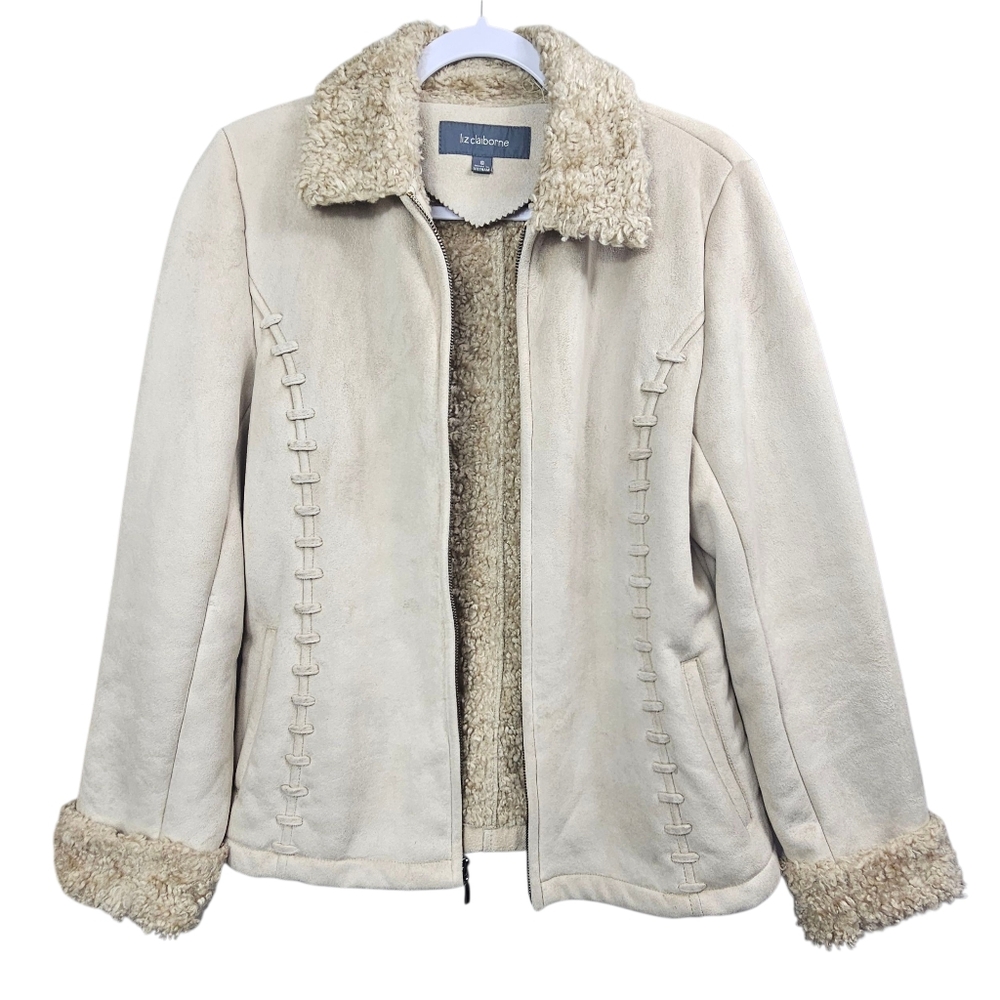 Liz Claiborne Creamy Tan Faux Suede Vintage Inspired Curly Fur Lined Jacket
